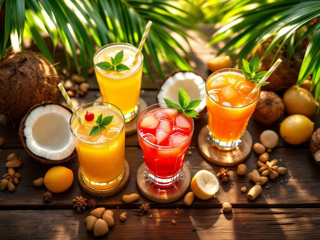 Traditionele Surinaamse drankjes op houten tafel: dawet, sorrel en pindapunch met kokos en tropisch fruit