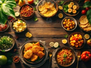 Overzicht van traditionele Surinaamse gerechten zoals roti en pom op houten tafel met tropische vruchten en kruiden