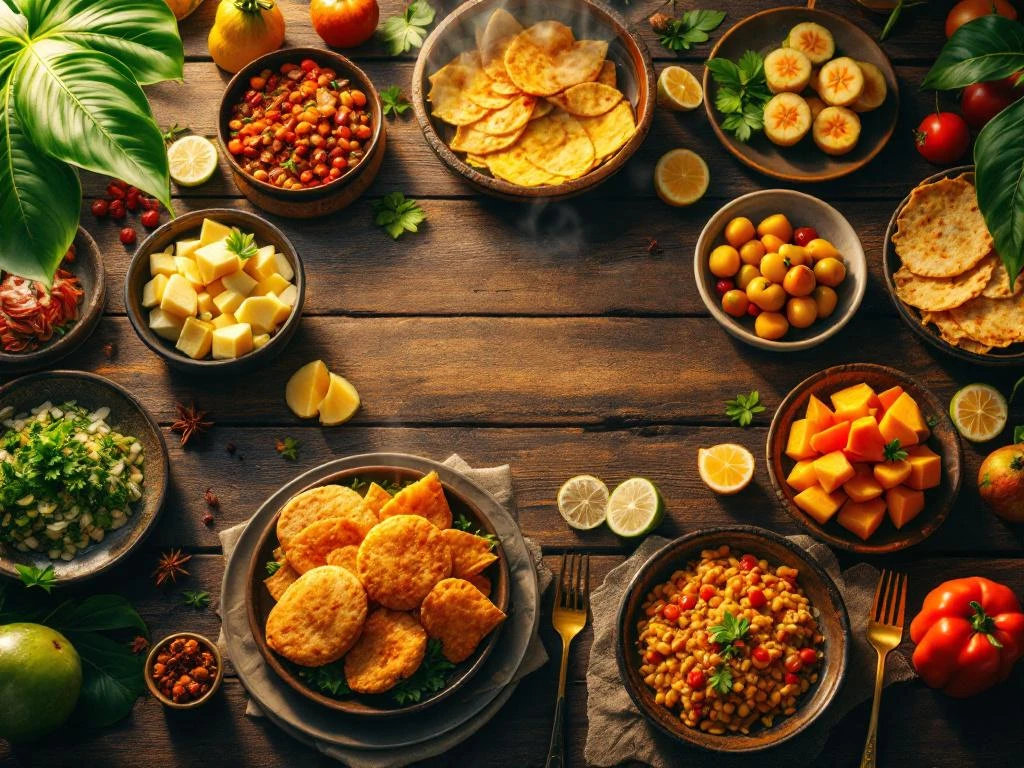 Overzicht van traditionele Surinaamse gerechten zoals roti en pom op houten tafel met tropische vruchten en kruiden