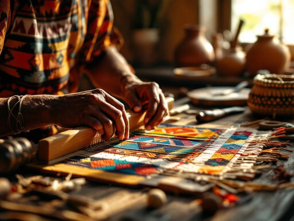 Surinaamse handen weven traditionele patronen op houten weefgetouw met kleurrijke draden en handwerk op achtergrond