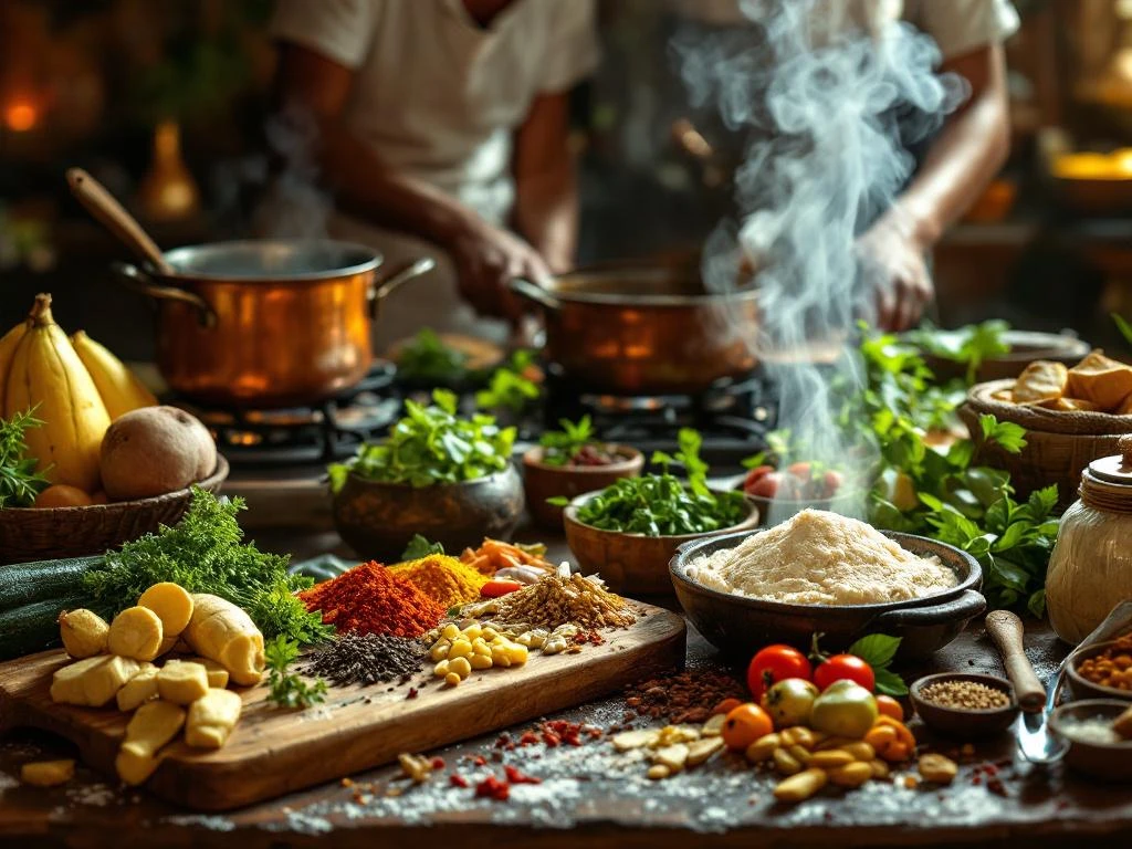 Traditionele Surinaamse keuken met dampende kruiden, cassave, bakbananen en rotideeg op houten snijplank