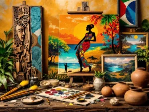 Surinaams kunstcollage met traditionele houtsnijwerk, kleurrijke textielkunst, schilderijen en aardewerk tegen warme achtergrond
