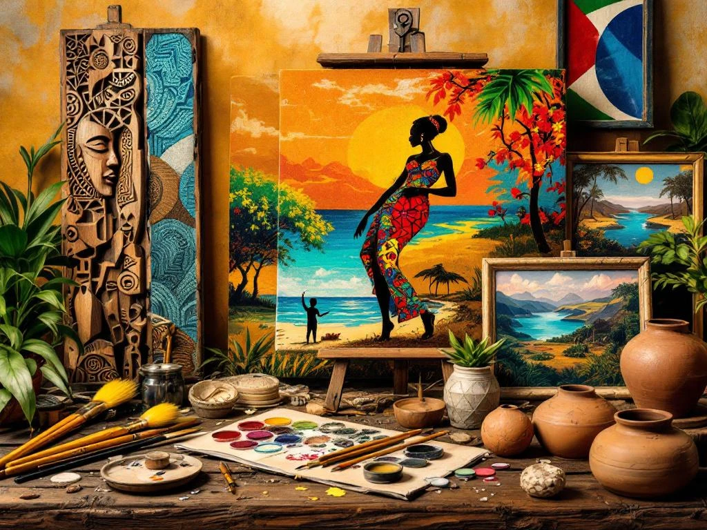 Surinaams kunstcollage met traditionele houtsnijwerk, kleurrijke textielkunst, schilderijen en aardewerk tegen warme achtergrond