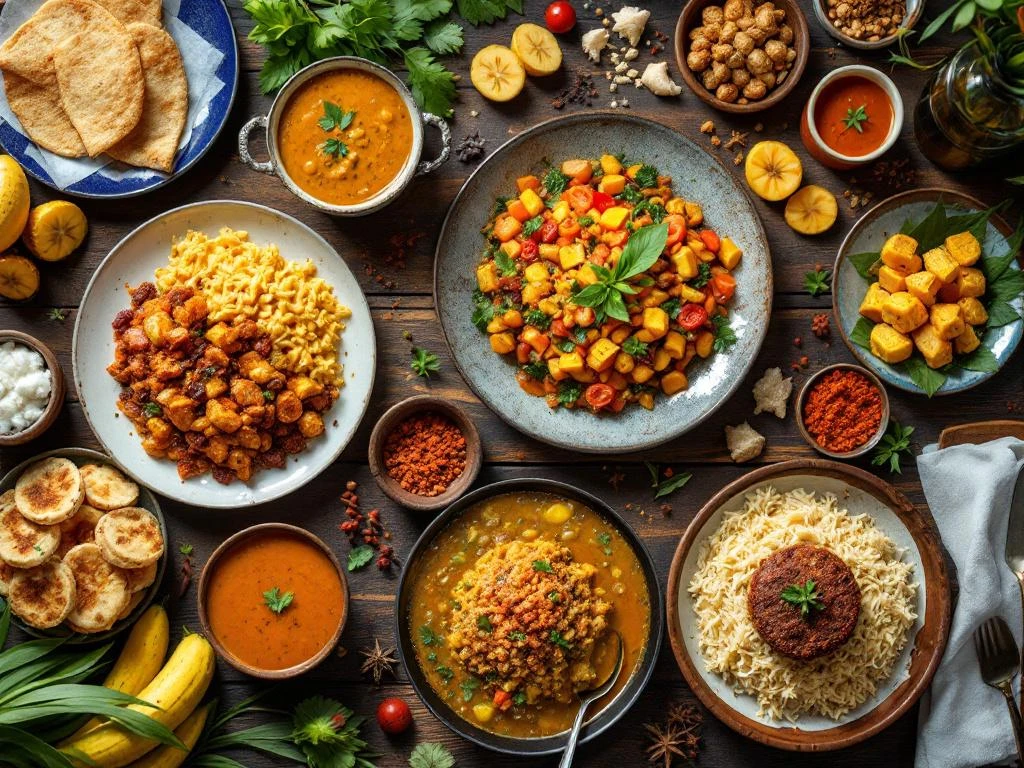 Surinaams feestmaal met roti, pom, pindasoep en bara op rustieke houten tafel met tropische ingrediënten