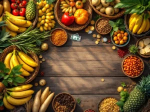 Bovenaanzicht van kleurrijke Surinaamse markt met tropisch fruit, groenten, lokale gerechten en Surinaamse dollars op houten tafels