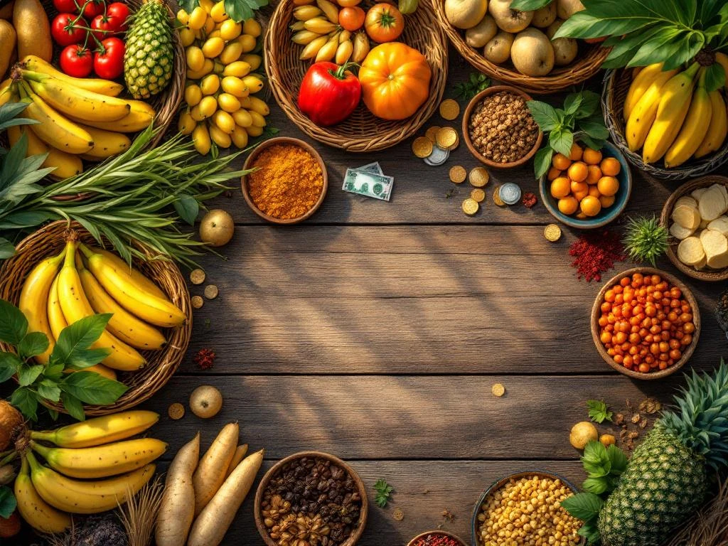 Bovenaanzicht van kleurrijke Surinaamse markt met tropisch fruit, groenten, lokale gerechten en Surinaamse dollars op houten tafels