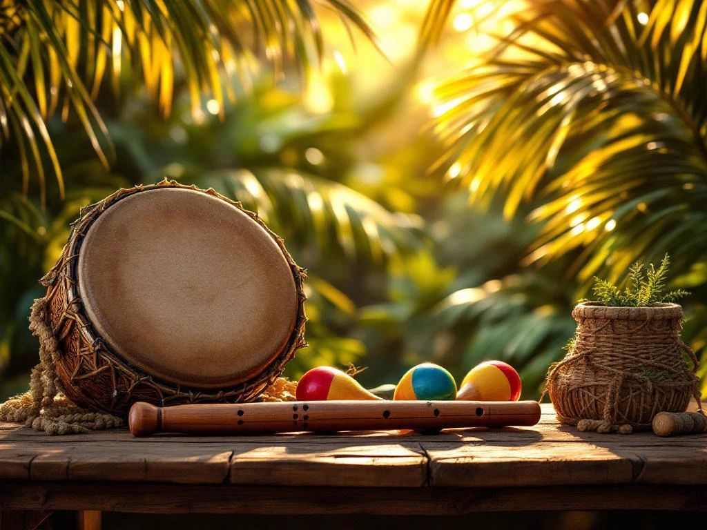 Traditionele Surinaamse muziekinstrumenten waaronder kawina drum, maracas en houten fluit op verweerde tafel in tropische setting