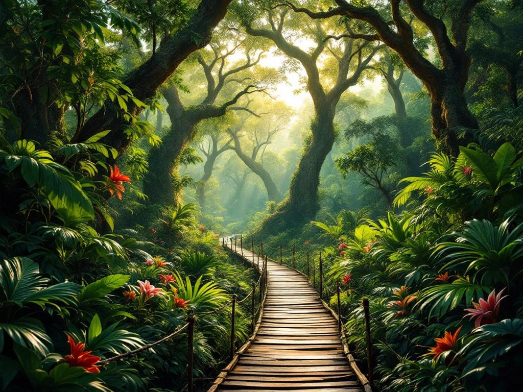 Surinaams regenwoud met houten wandelpad door dichte groene bladerdak en gefilterd zonlicht tussen tropische bomen