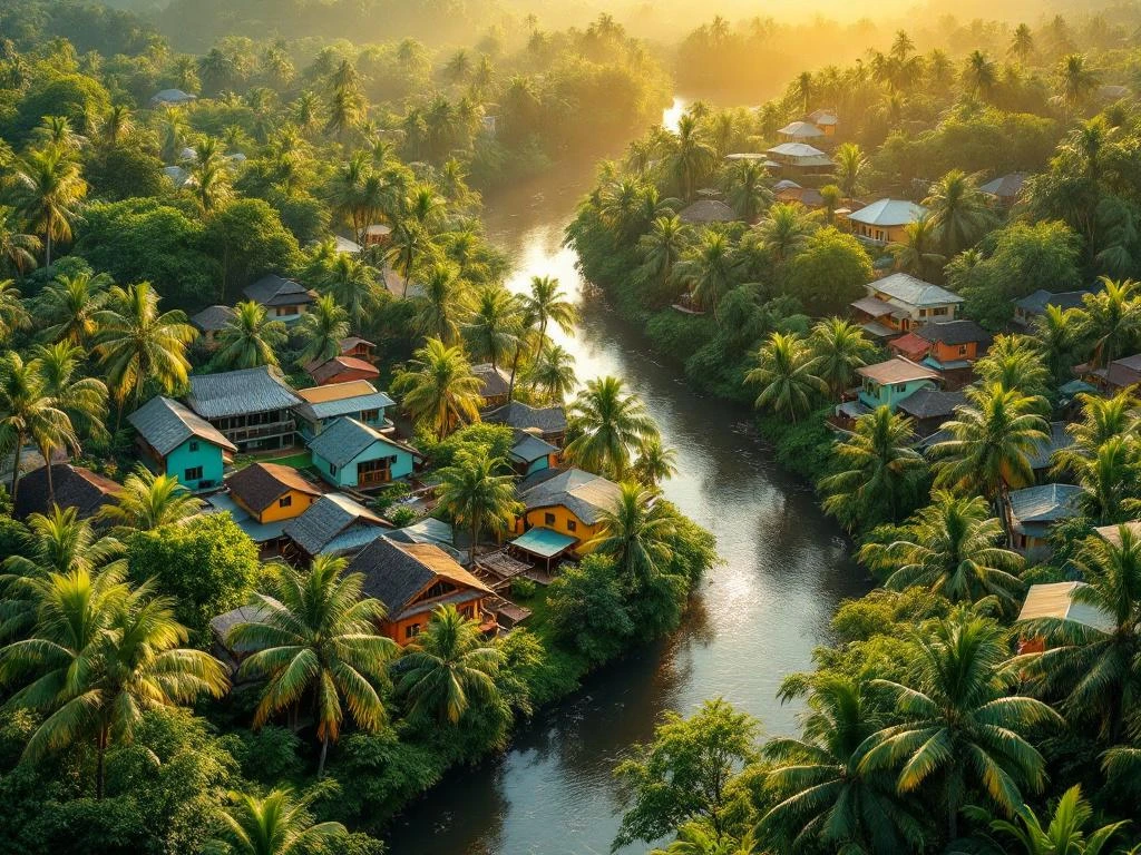 Luchtfoto van kleurrijke Surinaamse houten huizen en hotels tussen tropisch regenwoud langs de Surinamerivier