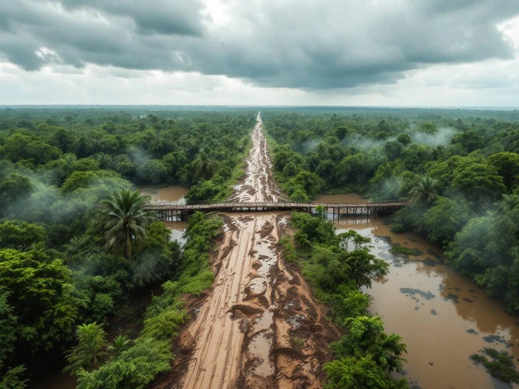 Luchtfoto van Surinaamse Amazone regenwoud met moeilijke modderige weg door groene bladerdak naar horizon