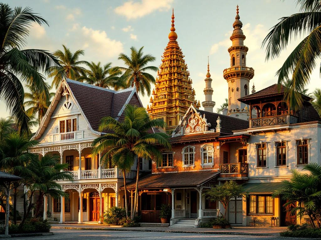 Diverse architectuur van Suriname met Nederlandse koloniale huizen, Hindu tempels, moskeeën en moderne gebouwen in gouden licht