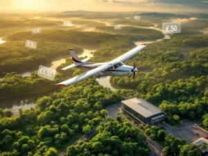 Vliegtuig vliegt over groene regenwoud van Suriname met rivieren en moderne luchthaven terminal in voorgrond