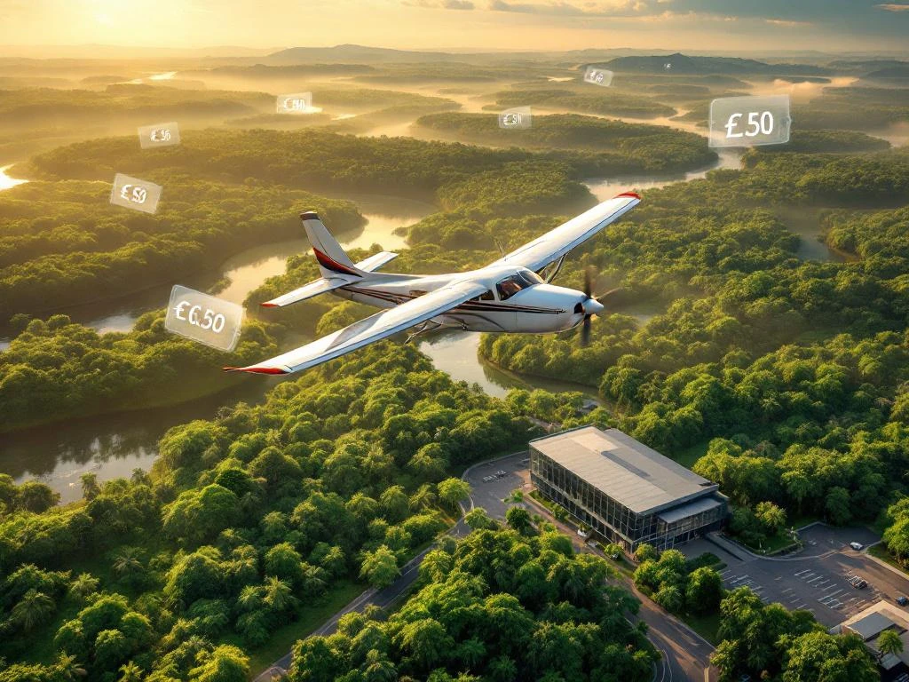 Vliegtuig vliegt over groene regenwoud van Suriname met rivieren en moderne luchthaven terminal in voorgrond