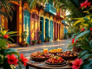 Traditionele Creoolse houten architectuur in Paramaribo met authentieke gerechten en tropische vegetatie bij gouden uurtje