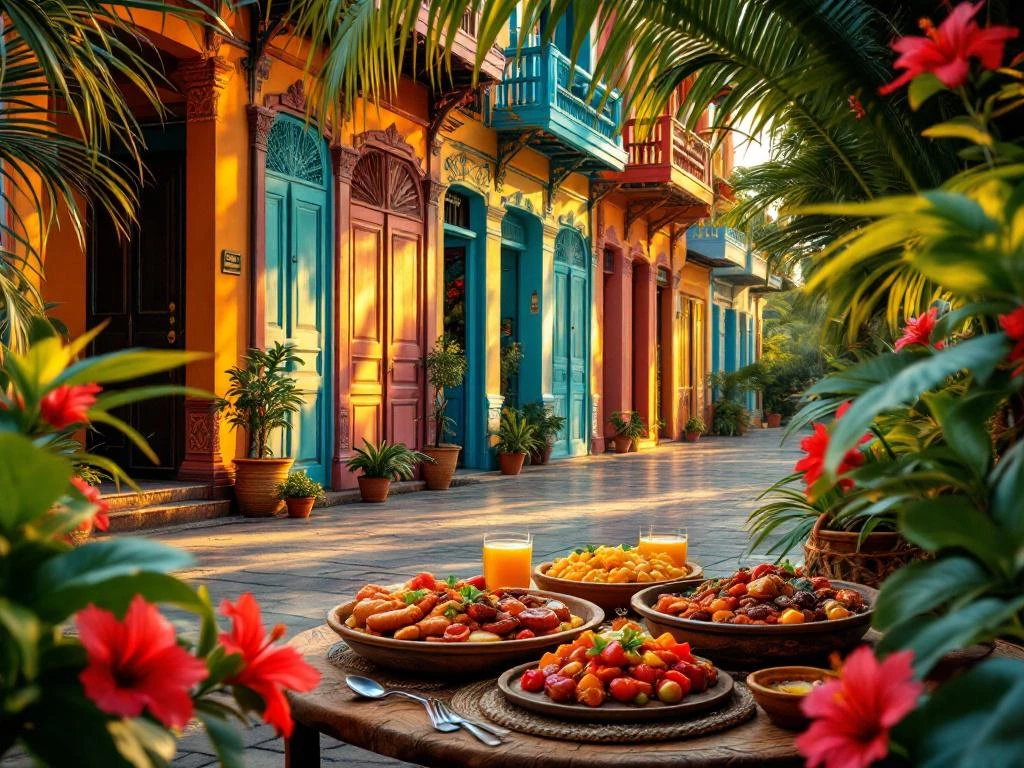 Traditionele Creoolse houten architectuur in Paramaribo met authentieke gerechten en tropische vegetatie bij gouden uurtje
