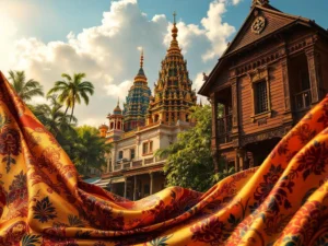 Surinaams cultureel erfgoed met Javaanse batik, Hindu tempel, koloniaal gebouw en traditionele houtsnijwerk