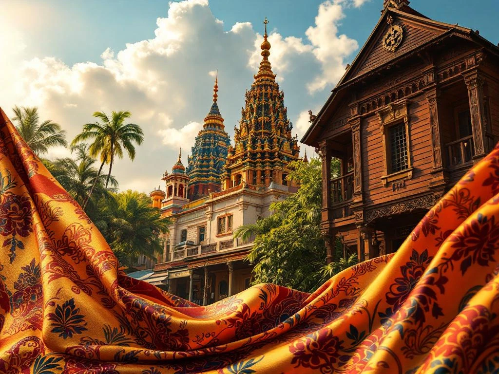 Surinaams cultureel erfgoed met Javaanse batik, Hindu tempel, koloniaal gebouw en traditionele houtsnijwerk