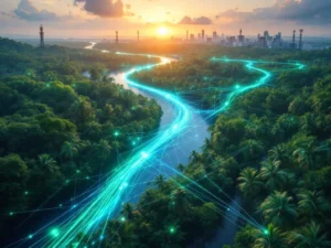 Luchtfoto van Suriname's regenwoud met gloeiende glasvezelkabels en digitale connectiviteitselementen over Paramaribo