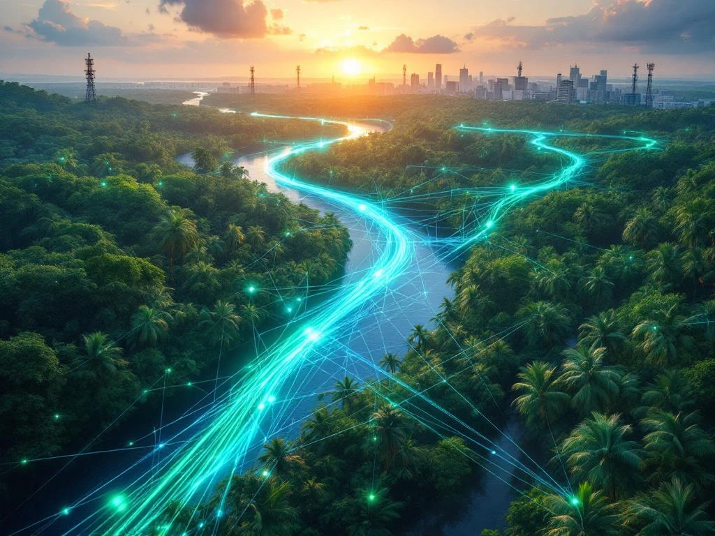 Luchtfoto van Suriname's regenwoud met gloeiende glasvezelkabels en digitale connectiviteitselementen over Paramaribo