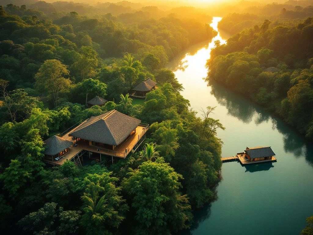 Luchtfoto van eco-lodges en drijvende bungalows in Suriname's Amazone regenwoud met rivieren en inheemse hutten