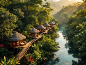 Luxe eco-lodge met houten bungalows verbonden door loopbruggen boven Suriname's regenwoud met rivier eronder