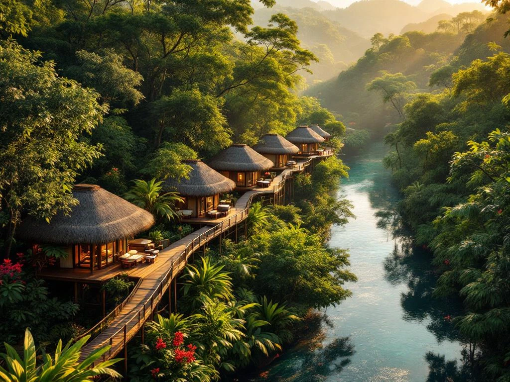Luxe eco-lodge met houten bungalows verbonden door loopbruggen boven Suriname's regenwoud met rivier eronder
