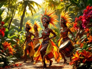 Surinaamse festival dansers in kleurrijke traditionele kostuums met veren hoofdtooien tegen tropische achtergrond
