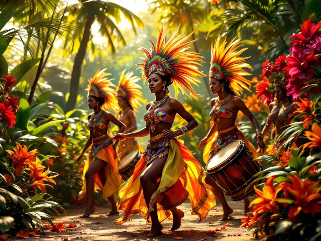 Surinaamse festival dansers in kleurrijke traditionele kostuums met veren hoofdtooien tegen tropische achtergrond