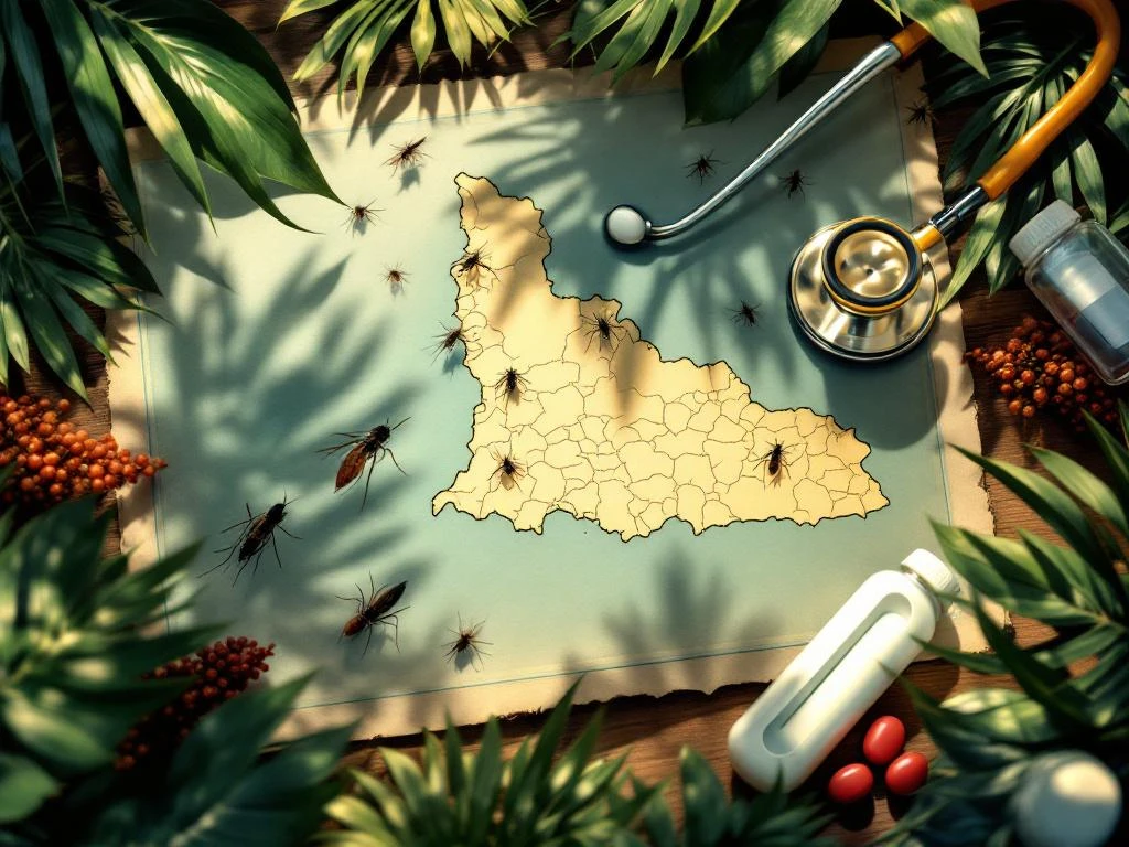 Kaart van Suriname omringd door medische symbolen, muggen, stethoscoop en waterstalen in tropische setting