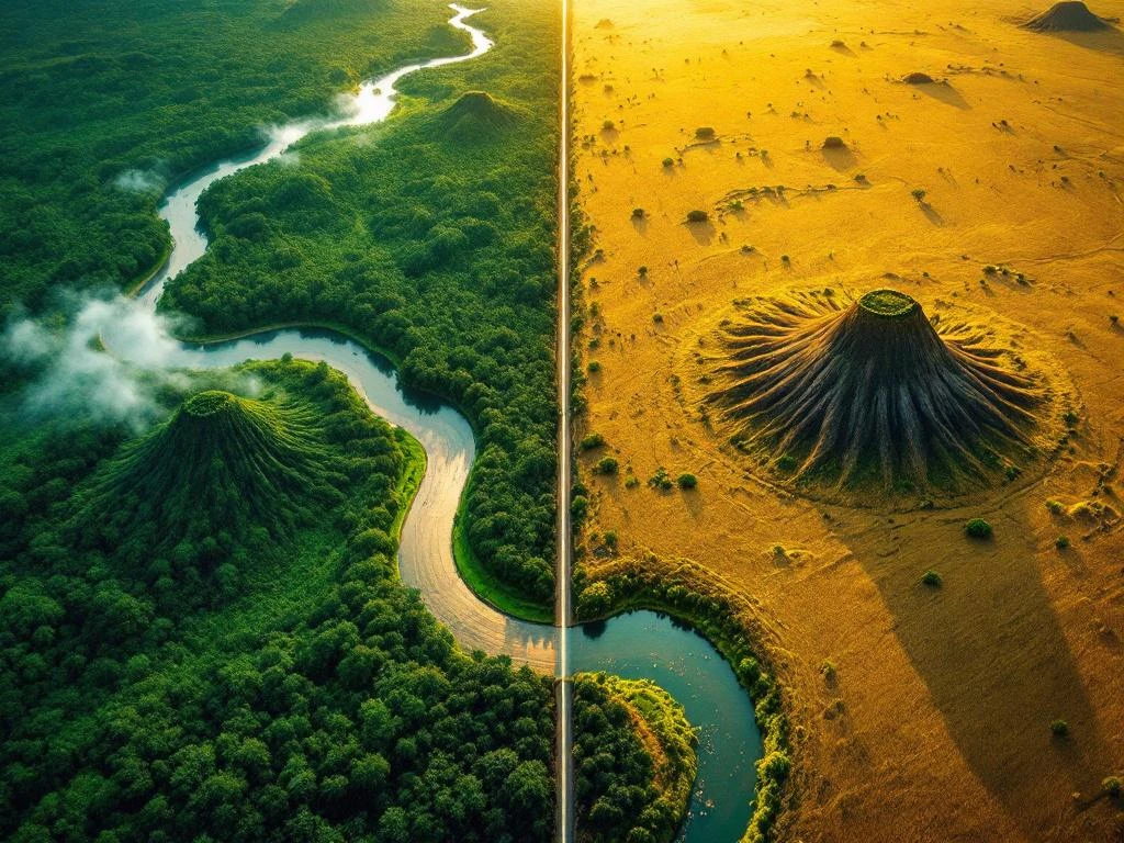 Luchtfoto van Suriname's Amazone regenwoud en Guyana's tafelbergen, gescheiden door grens met natuurlijke contrasten