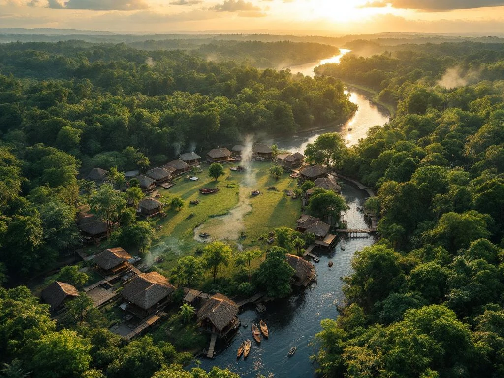 Luchtfoto van traditioneel inheems dorp in Suriname regenwoud met houten hutten op palen en rivier