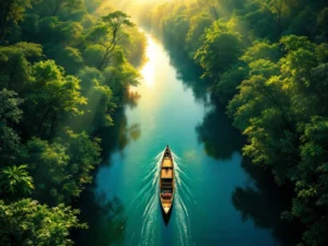 Traditionele houten boot vaart door jungle waterweg in Suriname met dichte regenwoud vegetatie en zonlicht reflecties