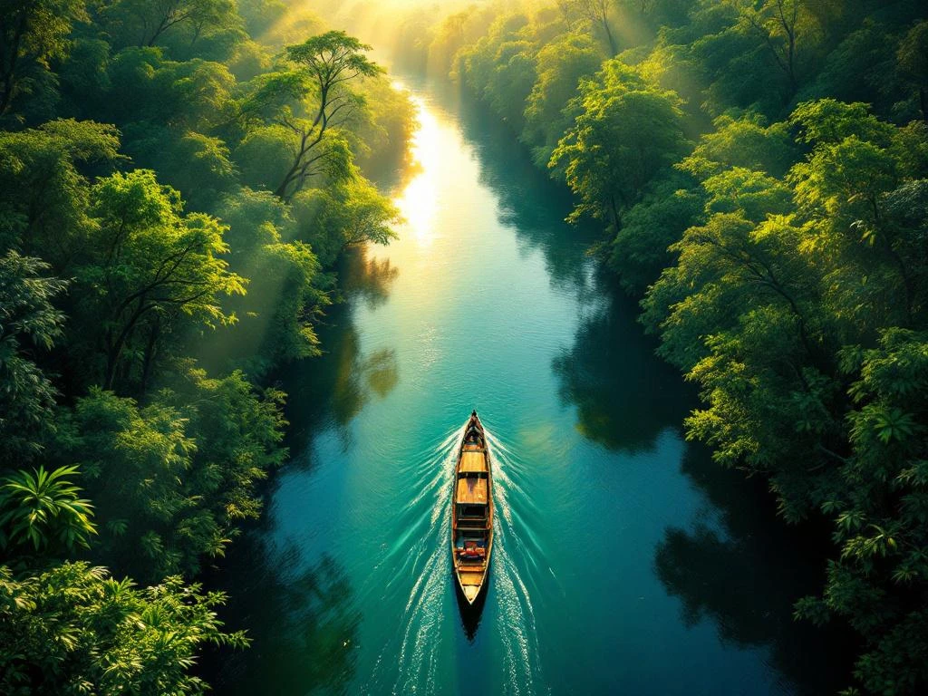 Traditionele houten boot vaart door jungle waterweg in Suriname met dichte regenwoud vegetatie en zonlicht reflecties