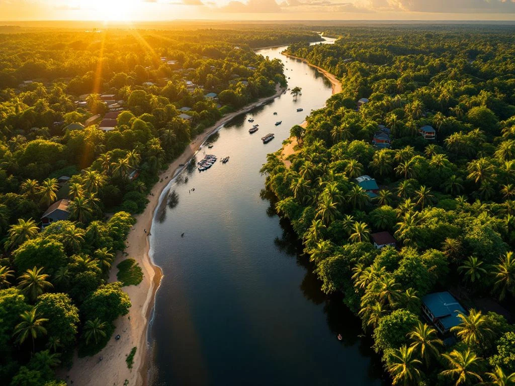 Luchtfoto van Suriname met tropische stranden, regenwoudlodges en koloniale architectuur in Paramaribo bij zonsondergang