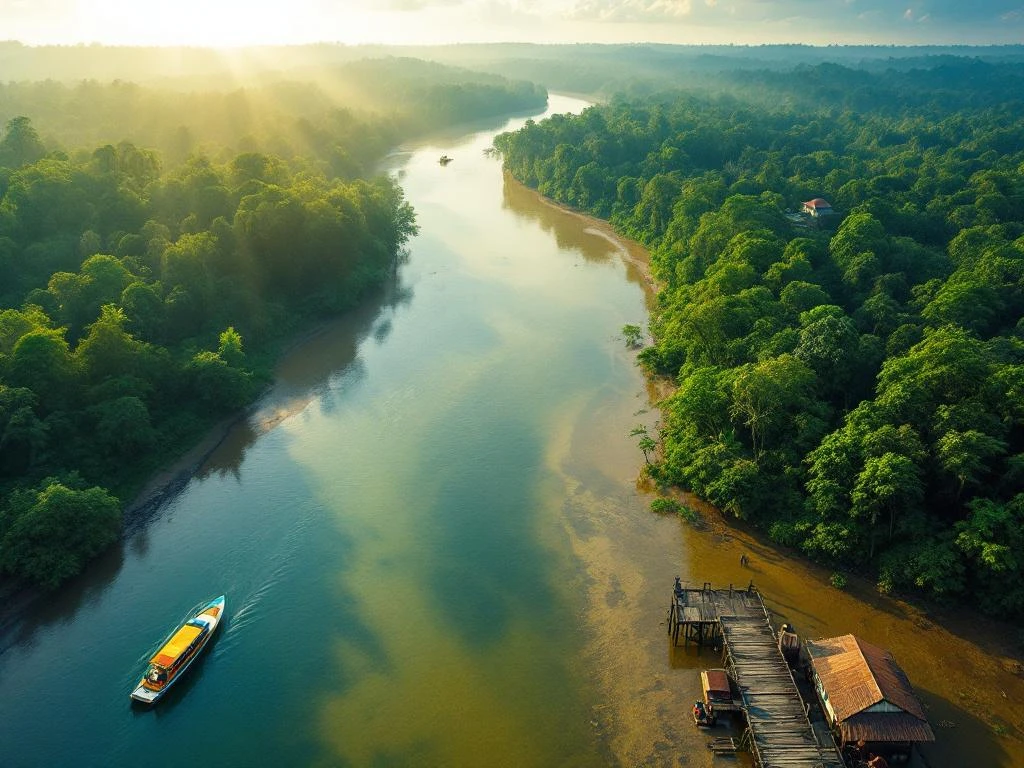 Luchtfoto van Suriname's Amazone regenwoud met rivier, boot en houten steiger in gouden ochtendlicht