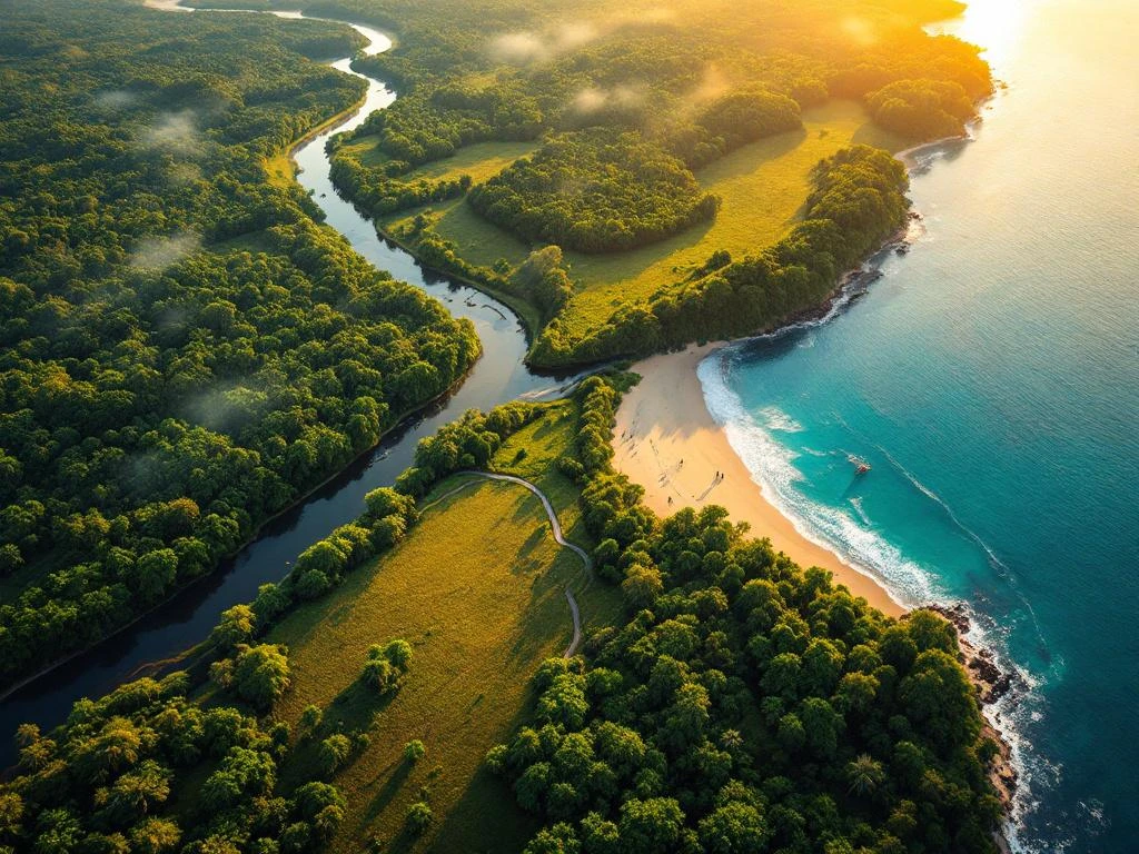 Luchtfoto van Suriname toont drie klimaatzones: regenwoud, savanne en kustgebied verbonden door rivier in gouden licht