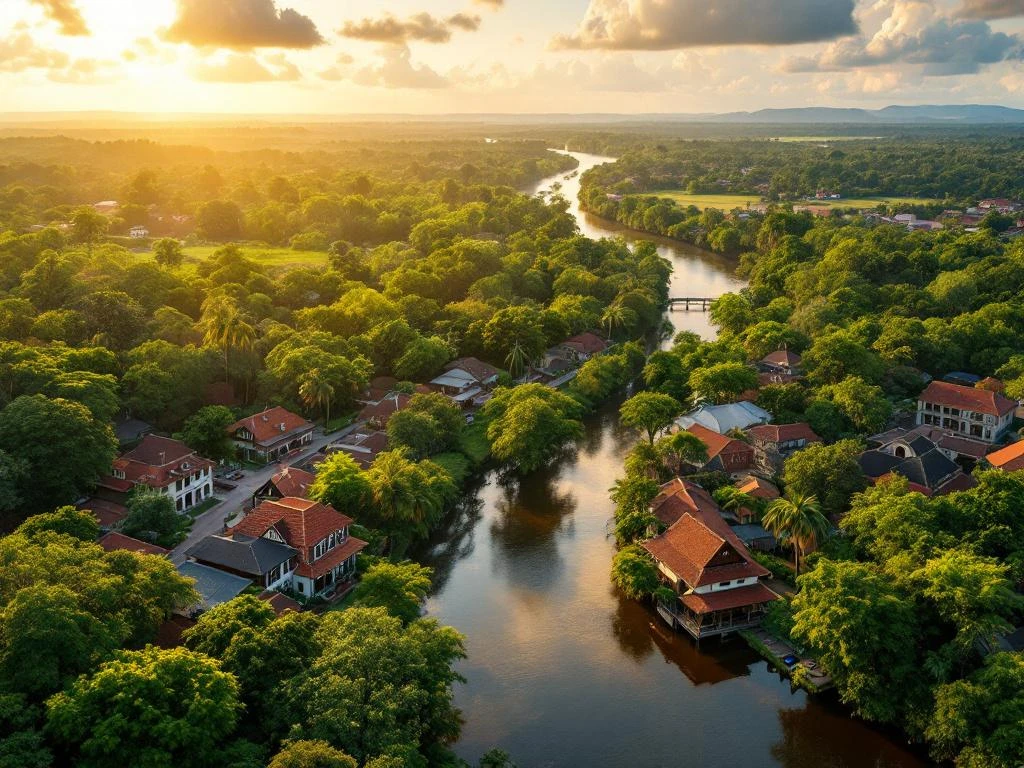Luchtfoto van Suriname met de Surinamerivier door regenwoud en koloniale architectuur van Paramaribo