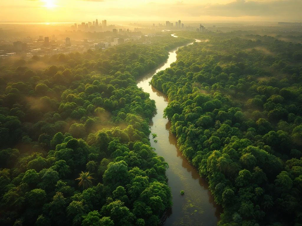 Luchtfoto van Suriname's regenwoud met rivier en Paramaribo in de verte, gouden ochtendlicht door nevelmist