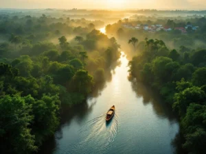 Luchtfoto van Suriname's regenwoud met rivier, houten boot en kleurrijke gebouwen van Paramaribo in ochtendlicht