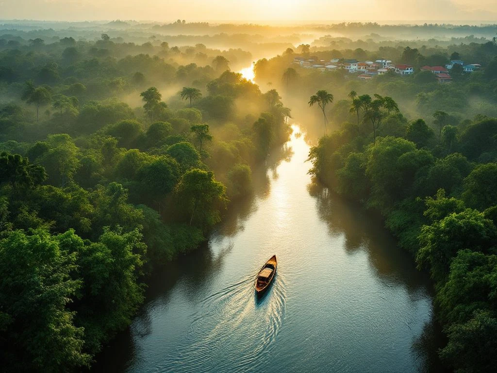 Luchtfoto van Suriname's regenwoud met rivier, houten boot en kleurrijke gebouwen van Paramaribo in ochtendlicht