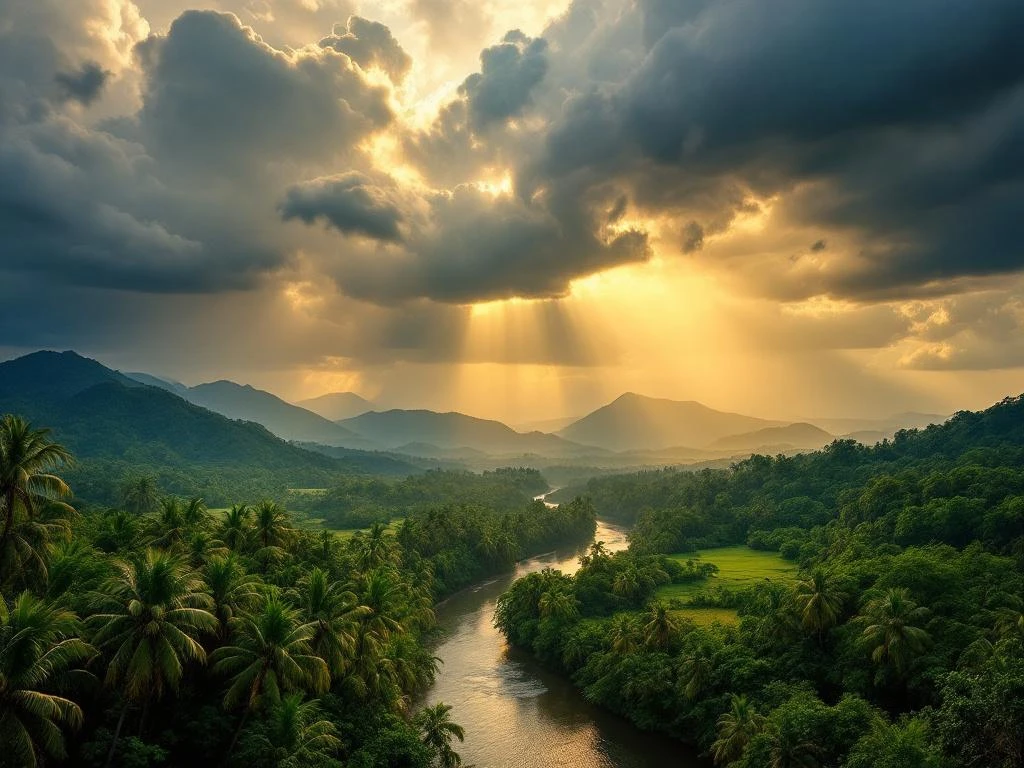 Luchtfoto van Suriname's regenwoud met rivier, regenboog en dramatische wolken boven tropisch landschap