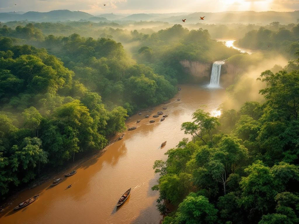 Luchtfoto van Suriname's regenwoud met rivier, waterval, traditionele boten en tropische vogels in gouden ochtendlicht