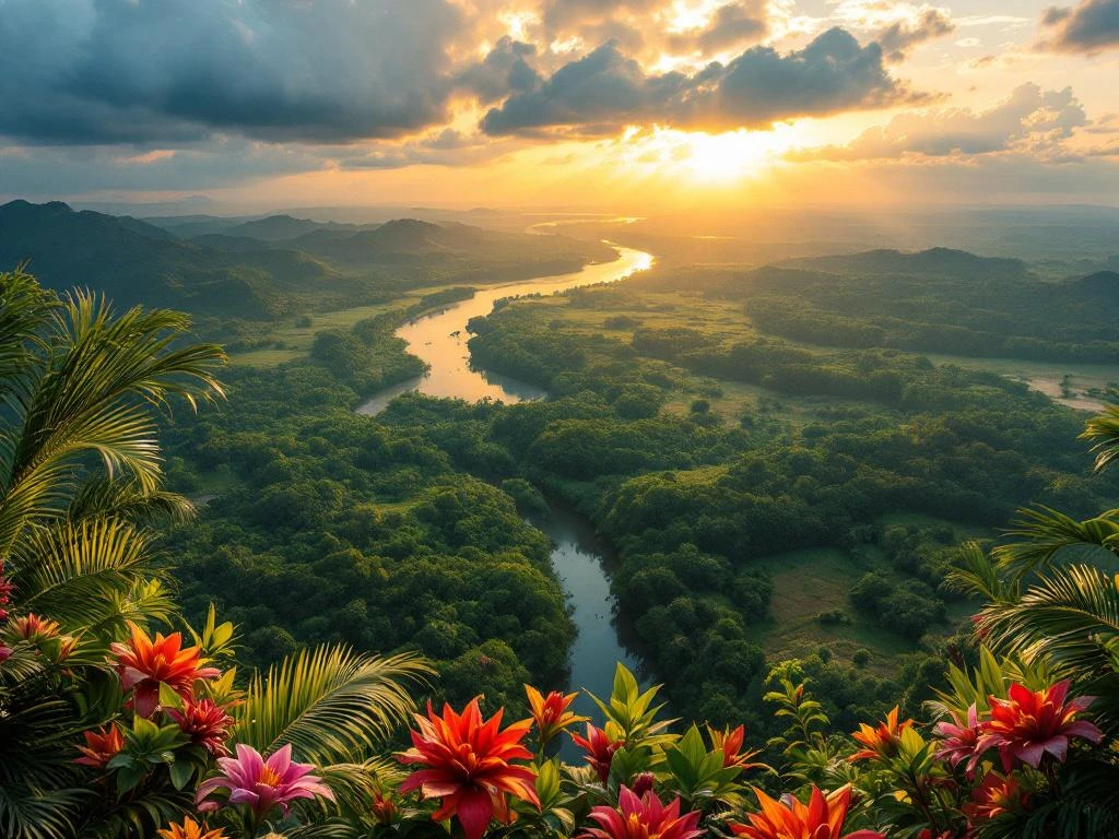 Luchtfoto van Surinames diverse landschap met regenwoud, savannes en de Surinamerivier tijdens gouden uur