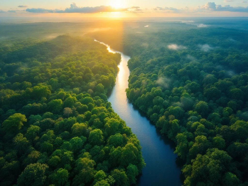 Luchtfoto van Suriname's regenwoud in twee seizoenen met rivier door het midden, groene jungle en gouden zonlicht