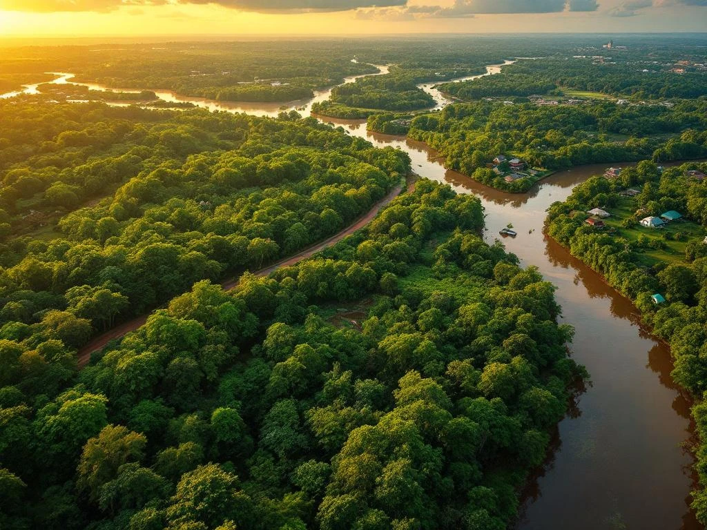 Luchtfoto van Suriname's regenwoud met rivieren, traditionele huizen en rode jungle-weg tijdens gouden uur