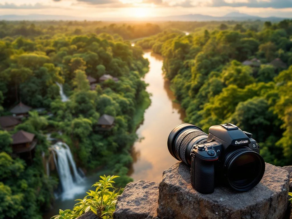 Luchtfoto van Suriname's regenwouden, rivieren, watervallen en traditionele huizen tijdens gouden uur met camera op voorgrond