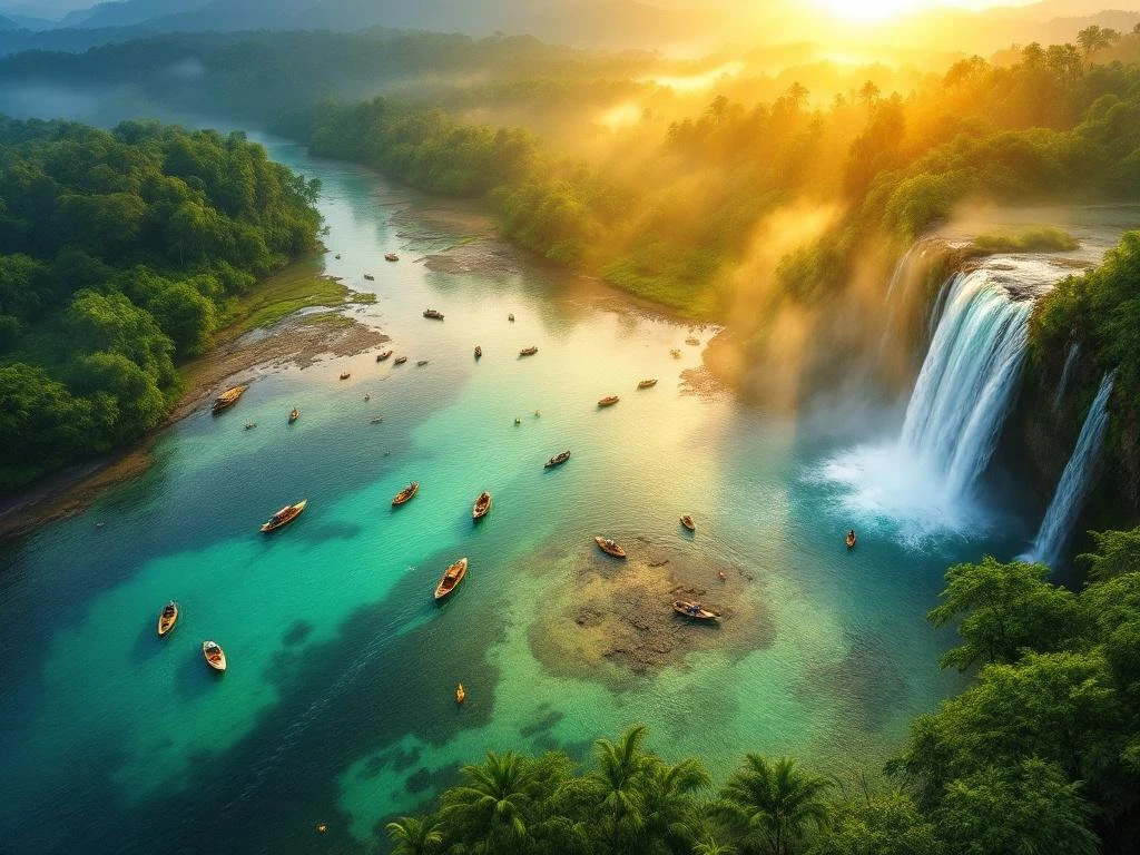 Luchtfoto van kristalheldere rivieren door Surinaams regenwoud met traditionele boten, kajaks en waterval