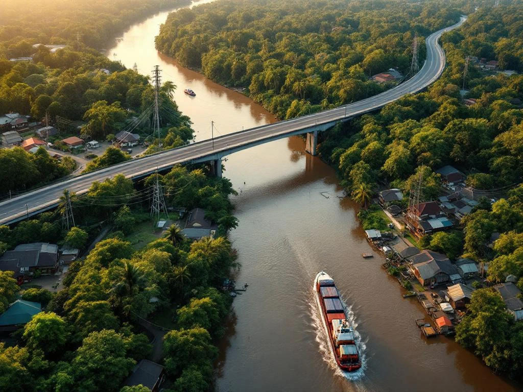 Luchtfoto van Suriname rivier brug door regenwoud met snelweg, gebouwen en vrachtschip tijdens gouden uur