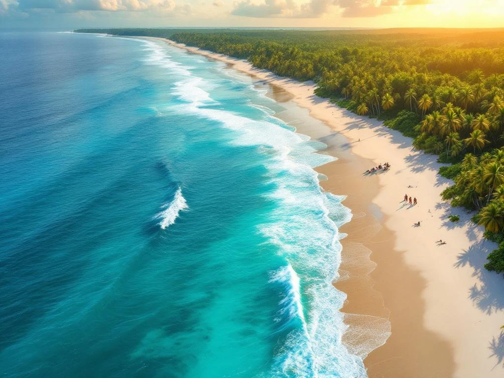 Luchtfoto van Suriname's kustlijn met turquoise water, witte stranden, palmbomen en tropisch regenwoud