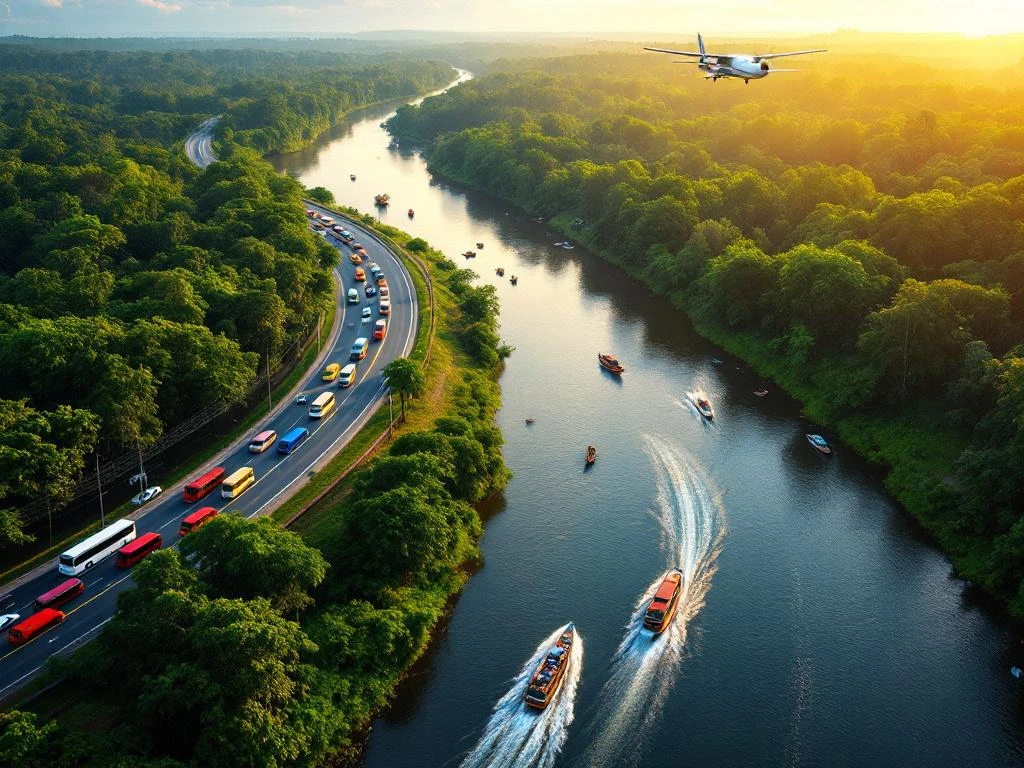 Luchtfoto van Suriname's transportnetwerk: rivier met boten, snelweg met bussen, vliegtuig boven regenwoud bij gouden uur